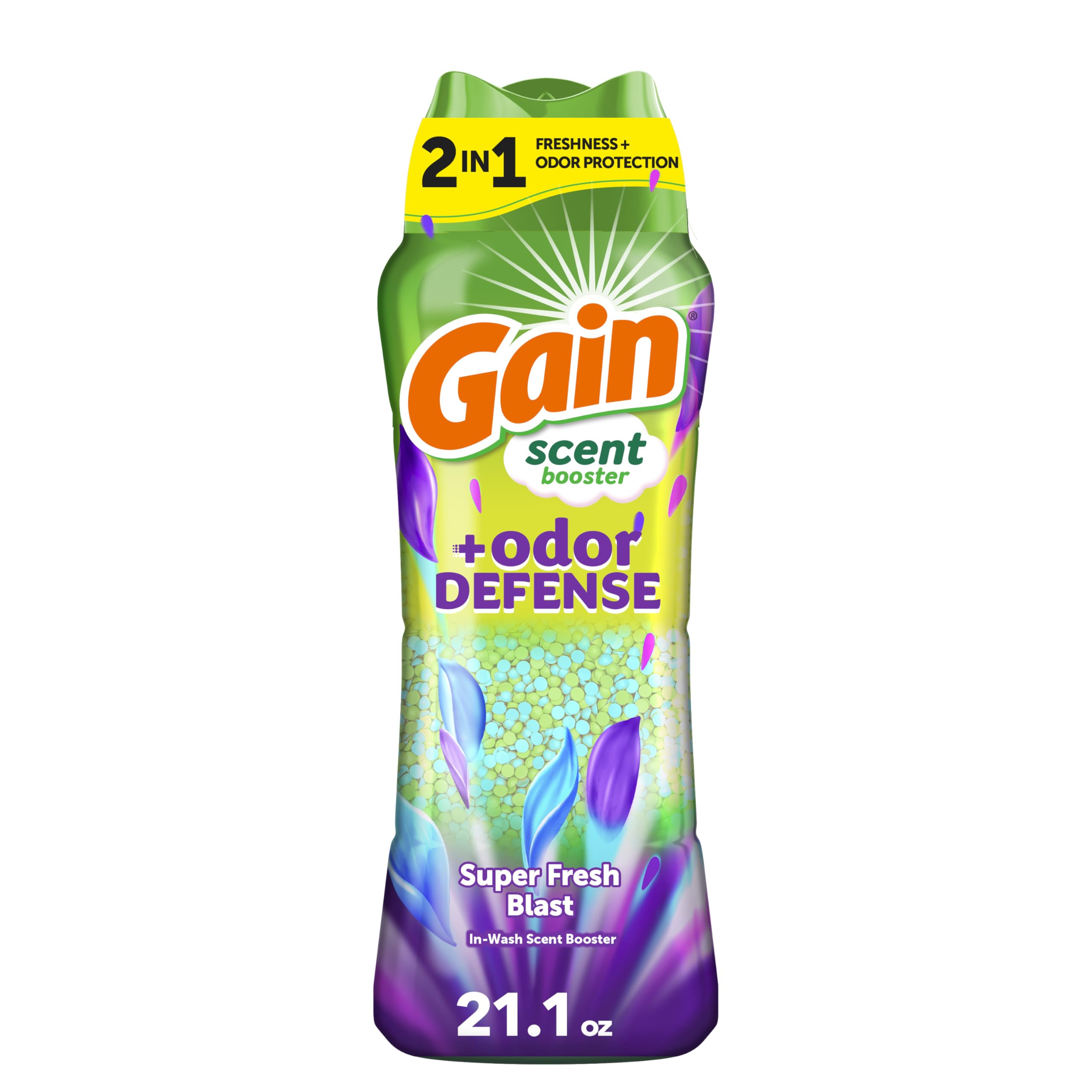 Gain Odor Defense In-Wash Scent Booster bottle with Super Fresh Blast delivering lasting freshness