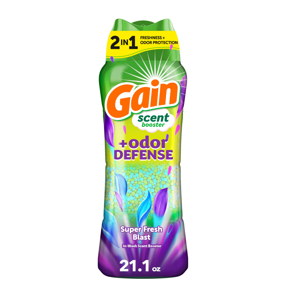 Gain Odor Defense In-Wash Scent Booster bottle with Super Fresh Blast delivering lasting freshness