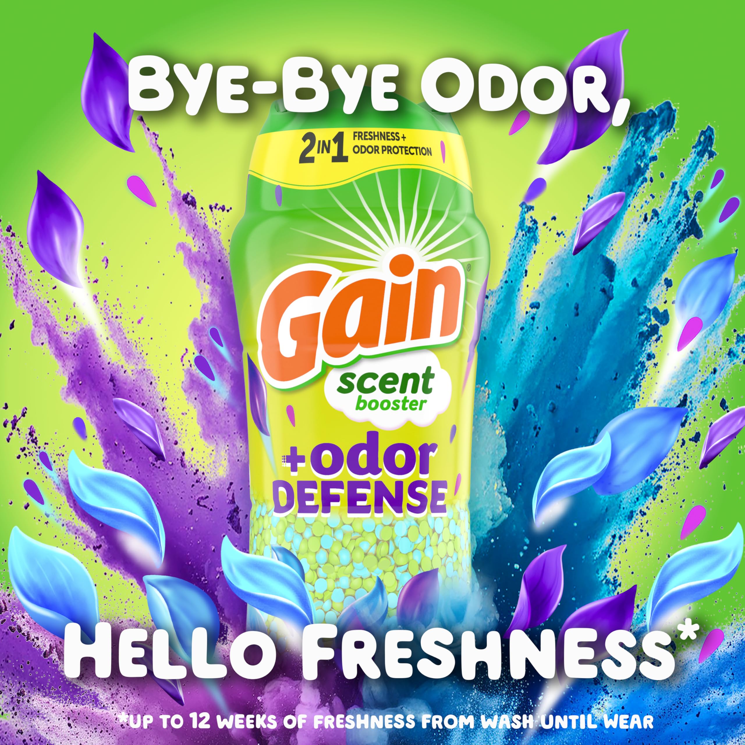 Cap of the Gain Odor Defense booster beside a measuring scoop