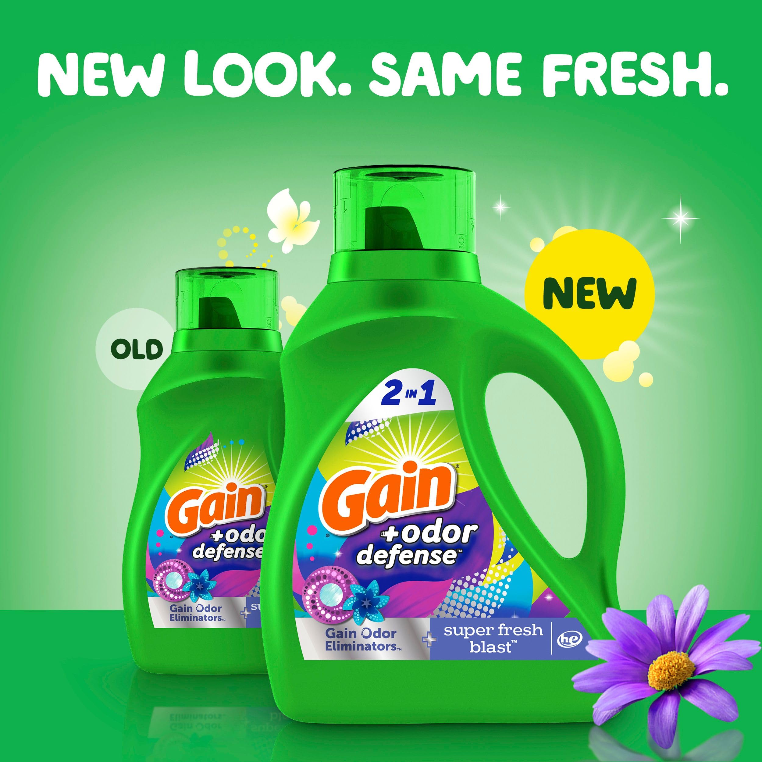Gain Odor Defense label close-up highlights scent performance.