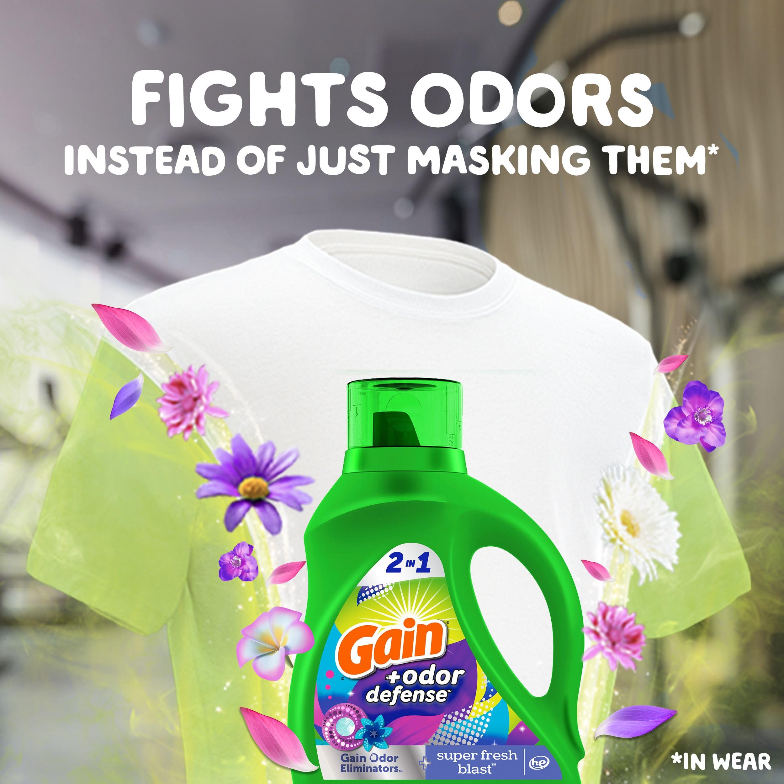 Measuring cup shows precise dosing with Gain detergent.