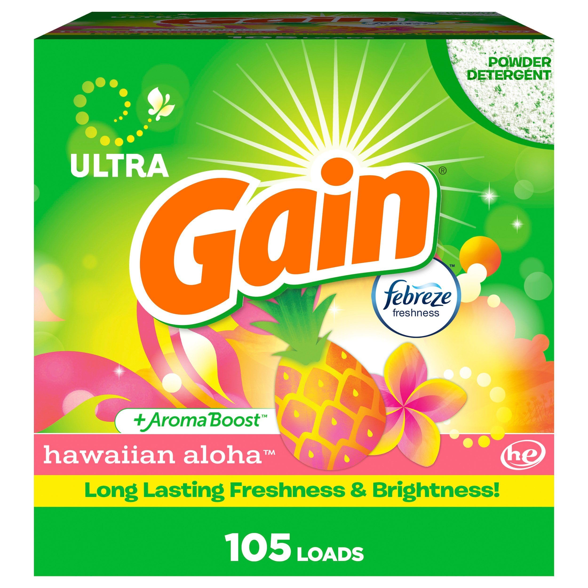 Gain Hawaiian Aloha powder detergent bottle shows long lasting freshness for everyday laundry