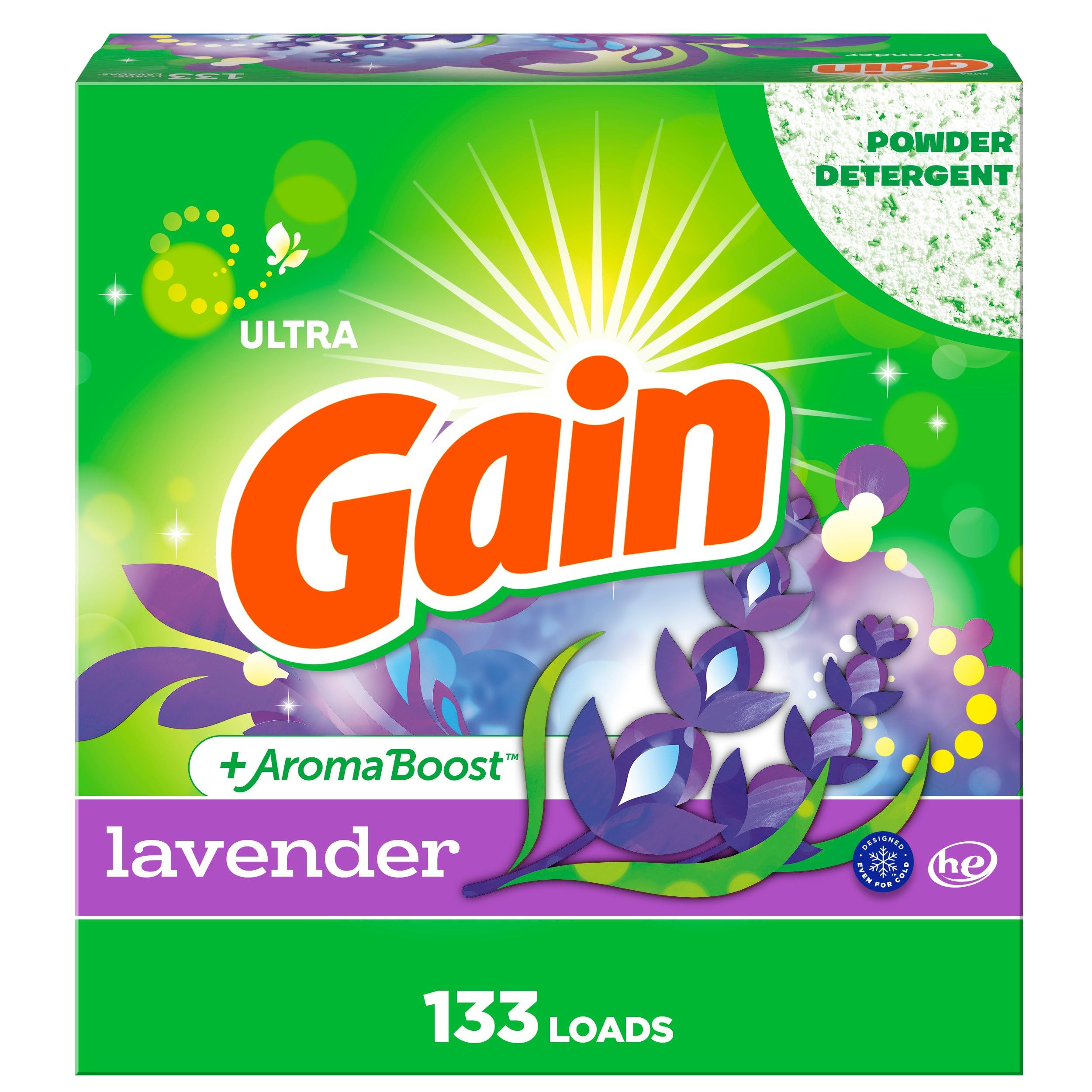 Gain Powder Lavender detergent in the drum delivering a thorough clean and lasting freshness.