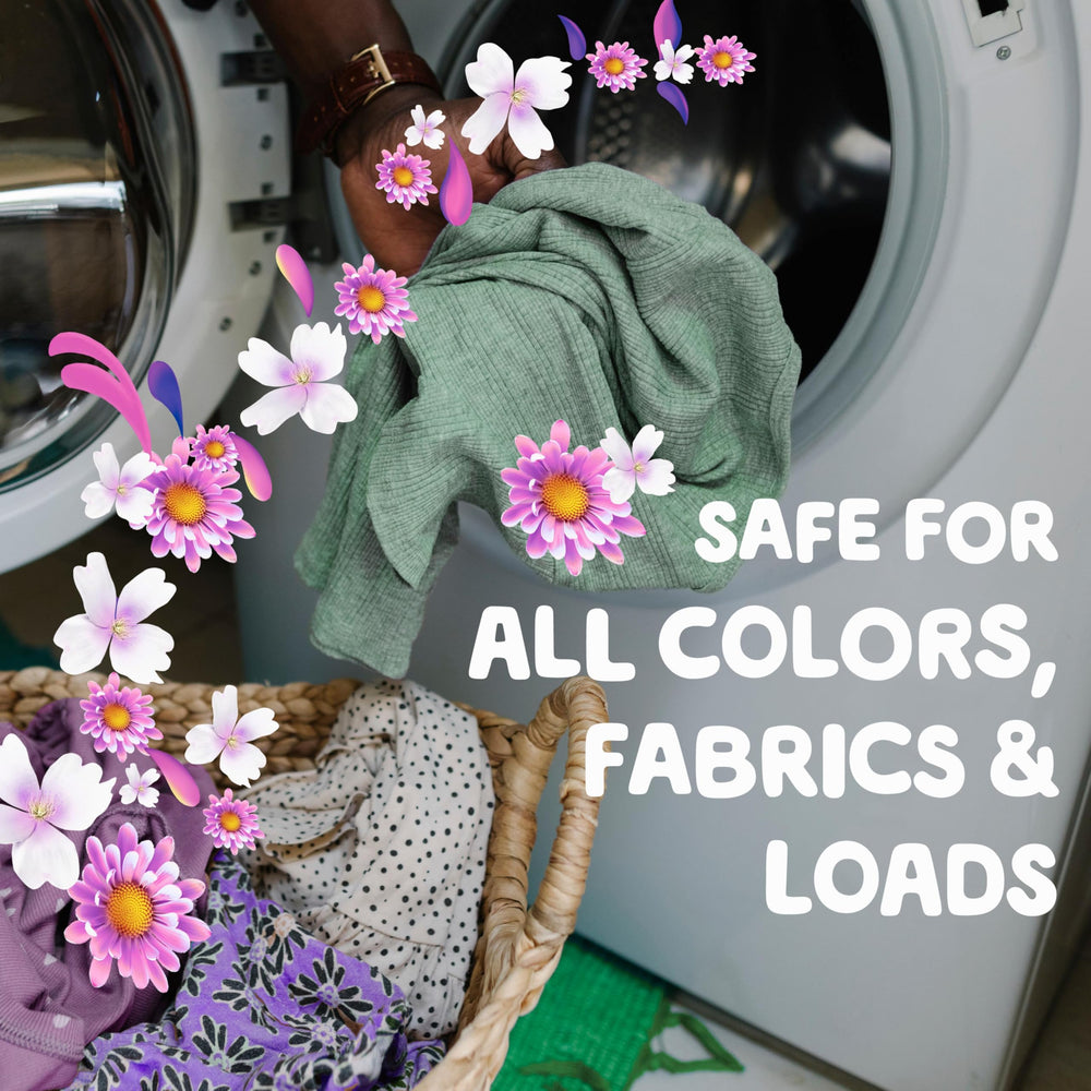 Regular and HE washer compatibility illustrated with a tidy laundry scene.