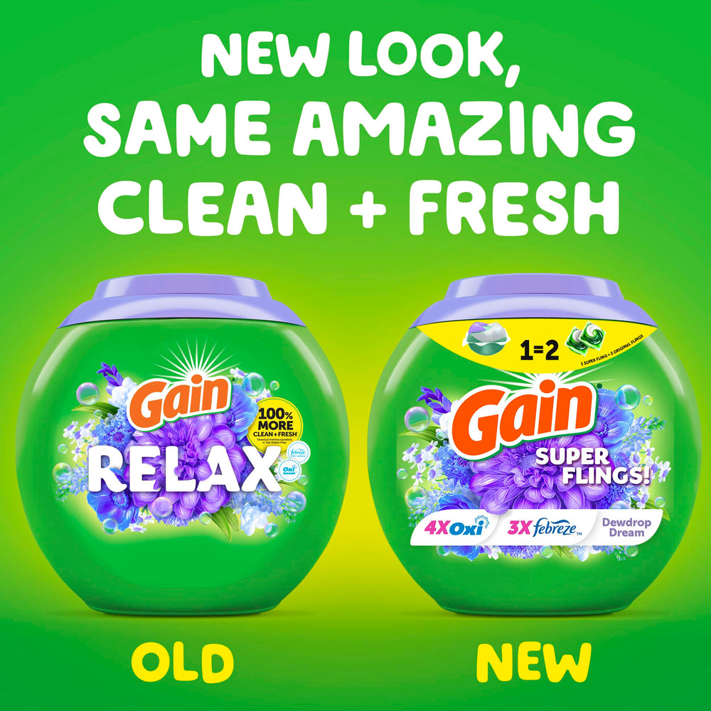 Clean laundry scene with Gain Super Flings in the drum.