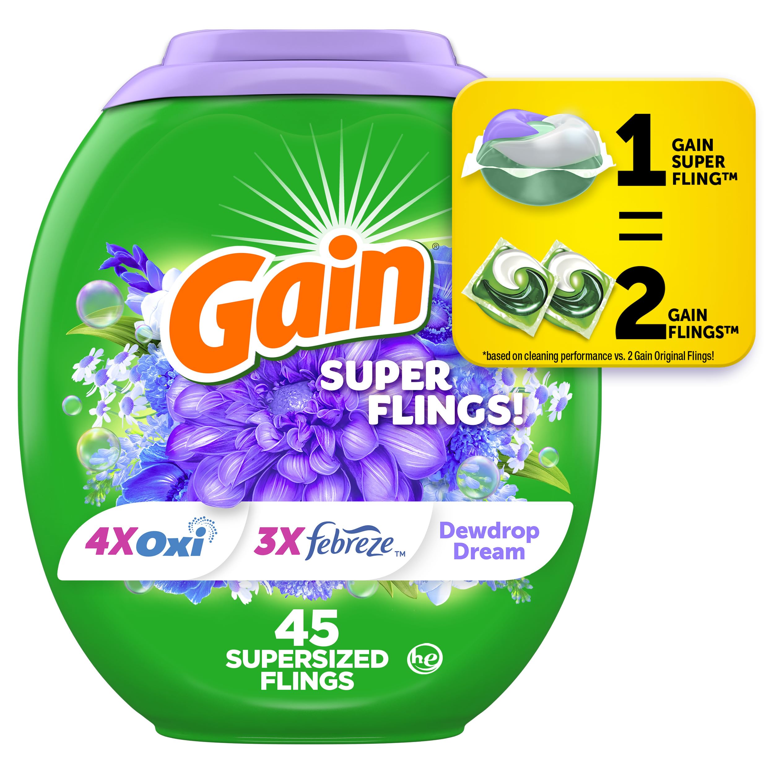 Gain Super Flings Dewdrop Dream pack front for easy loading and fresh laundry.