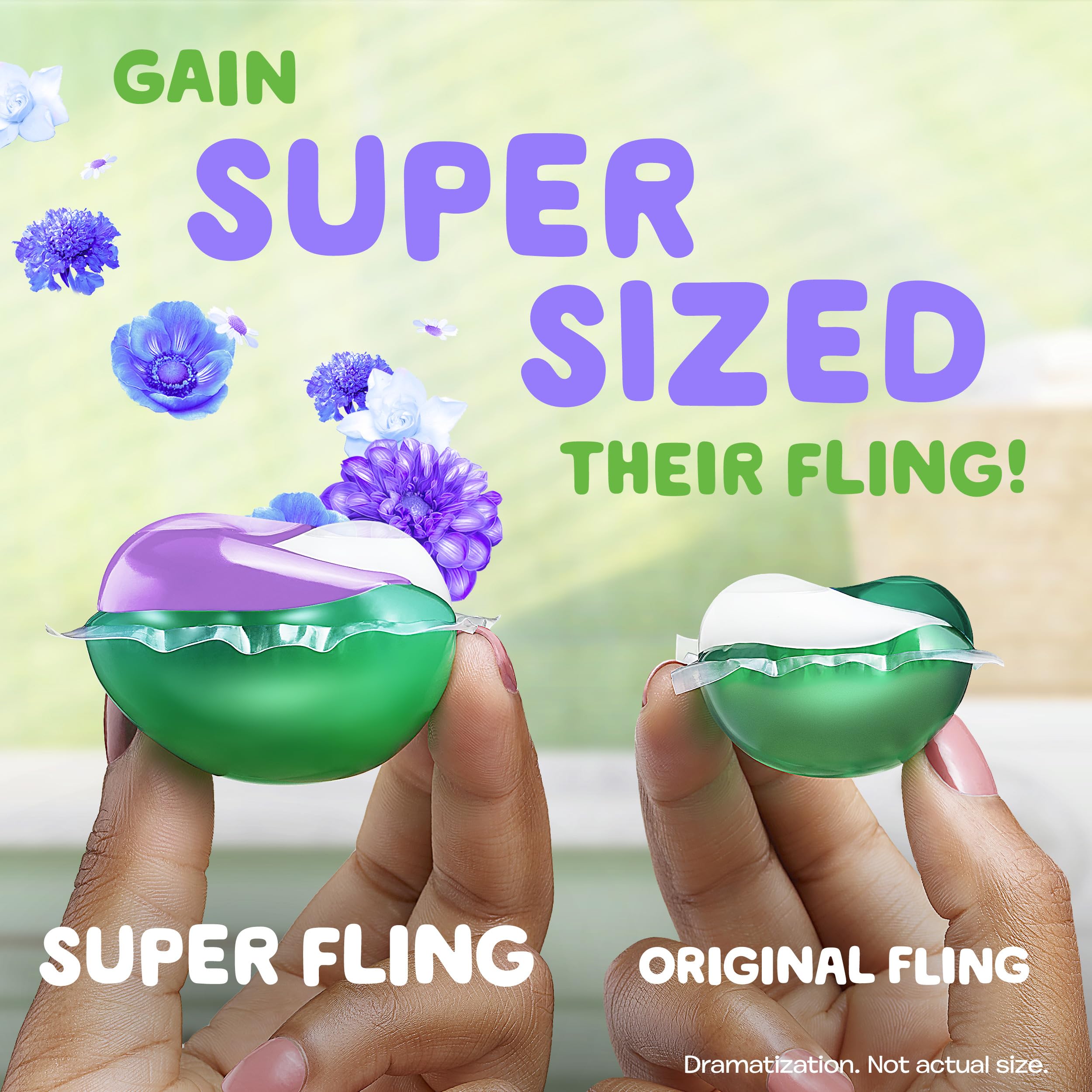 Close-up of Gain Super Flings pod highlighting a supersized detergent pac.