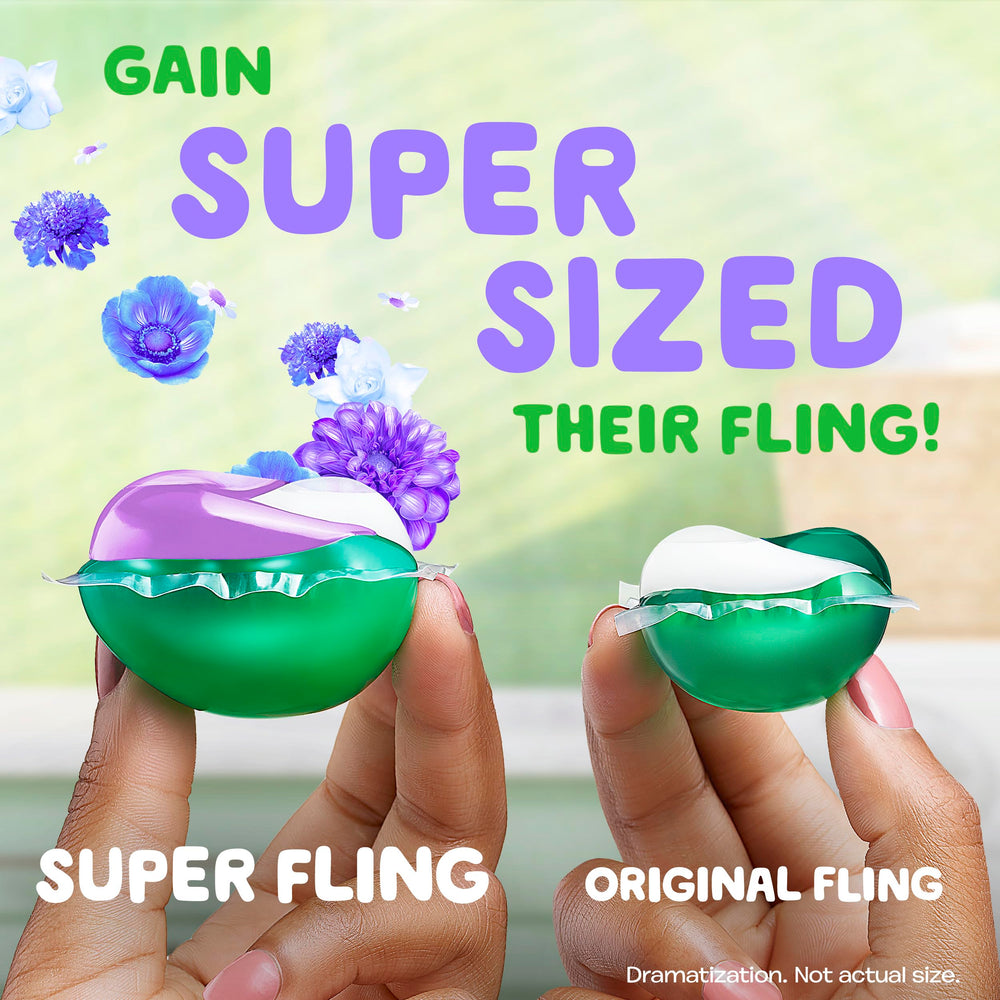 Close-up of Gain Super Flings pod highlighting a supersized detergent pac.