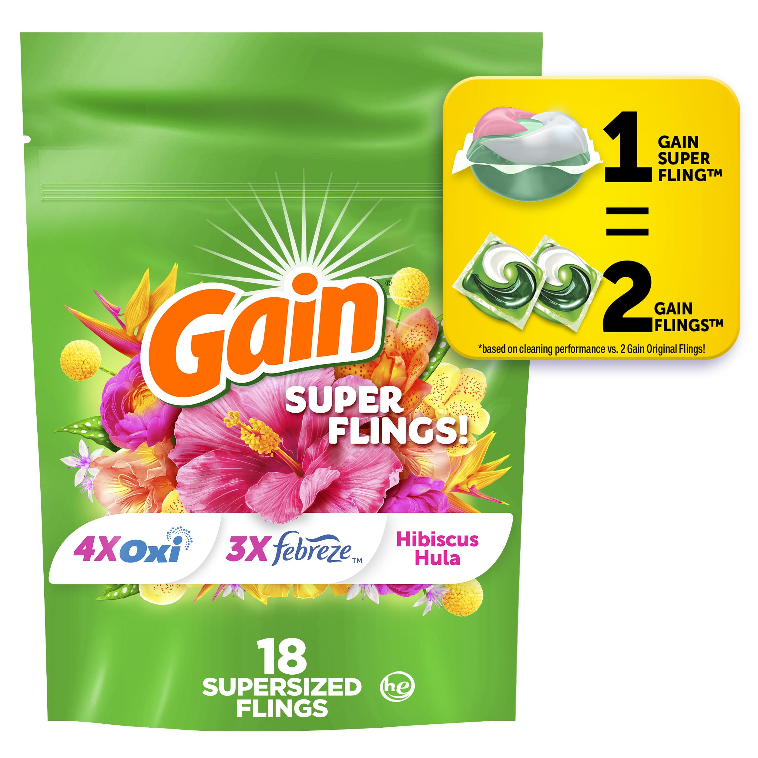 Gain Super Flings Hibiscus Hula pacs front view for easy cleaning and fragrance