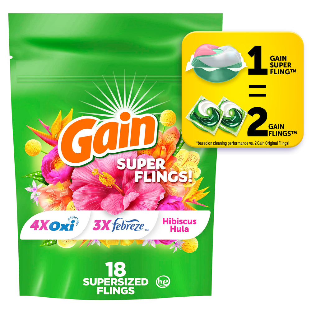 Gain Super Flings Hibiscus Hula pacs front view for easy cleaning and fragrance