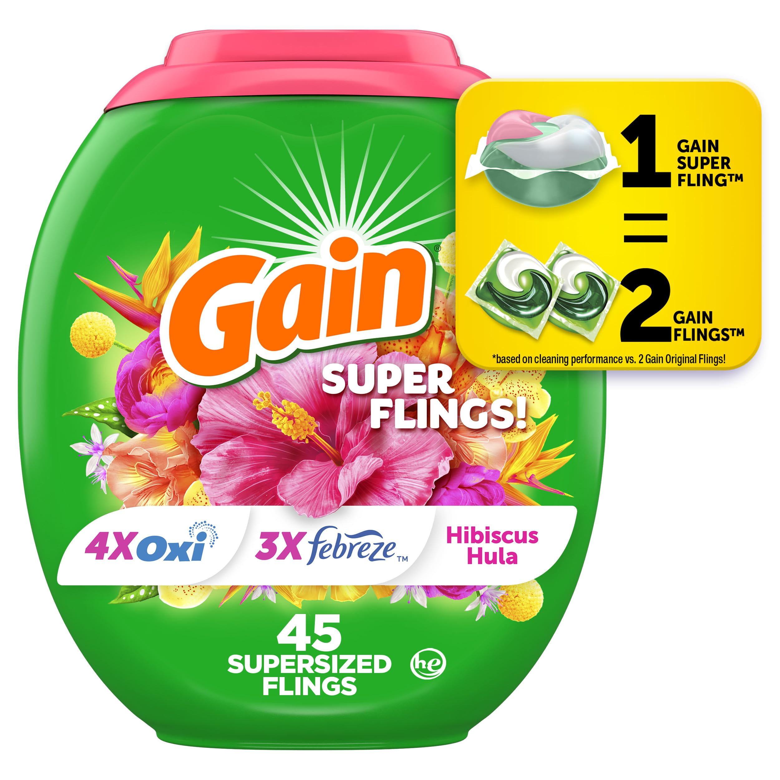 Gain Super Flings Hibiscus Hula pod in the washing drum with powerful cleaning