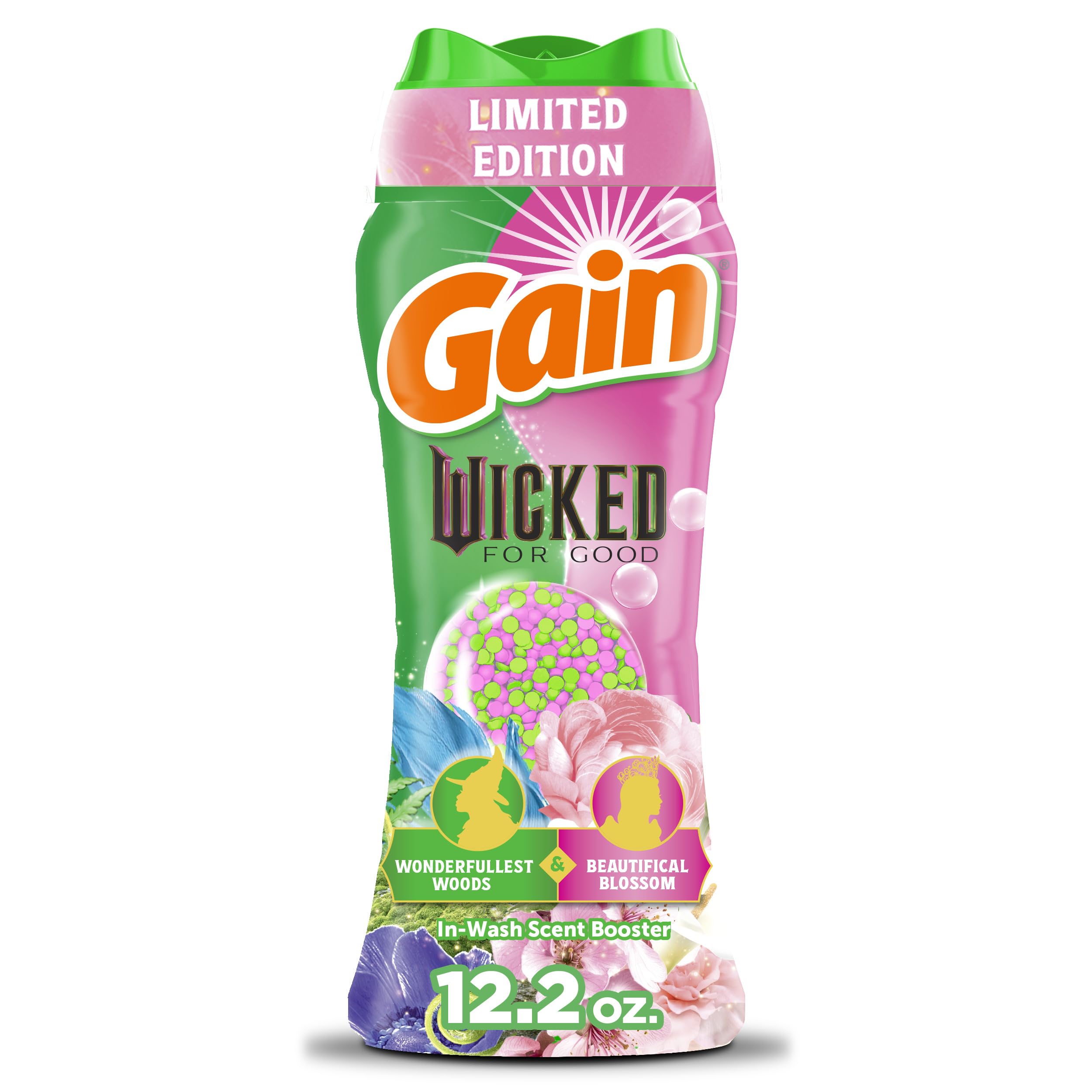 Gain Wicked: For Good bottle front shows the 12.2 oz scent booster ready for laundry and freshness.