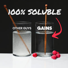 GAINS IN BULK creatine monohydrate dissolving in water; clear solution ready for training.