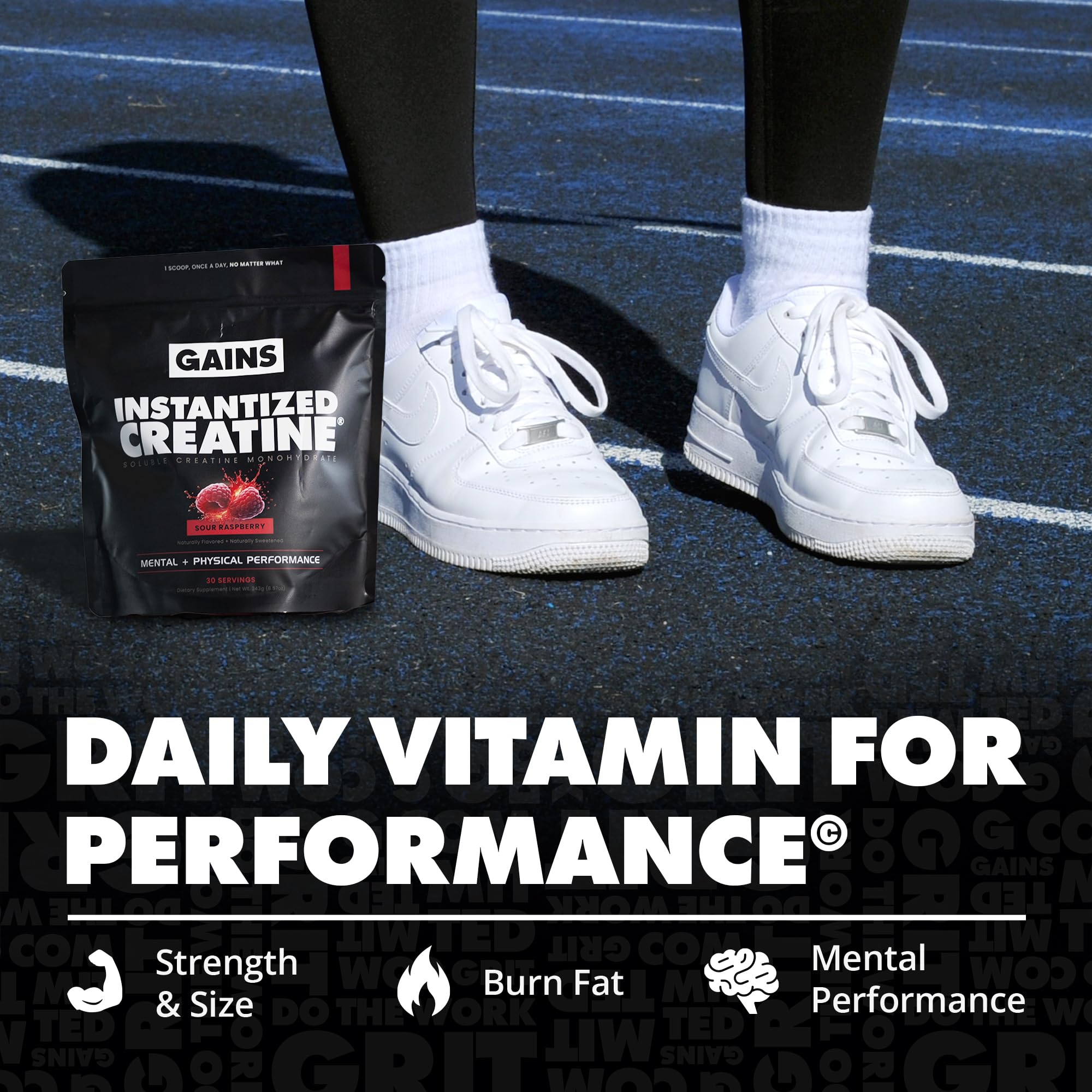 GAINS IN BULK creatine monohydrate powder closeup; dissolves fully for smooth mixes.