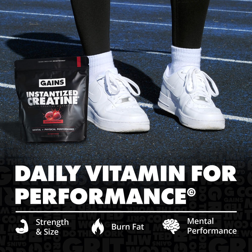GAINS IN BULK creatine monohydrate powder closeup; dissolves fully for smooth mixes.