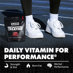 GAINS IN BULK creatine monohydrate powder closeup; dissolves fully for smooth mixes.