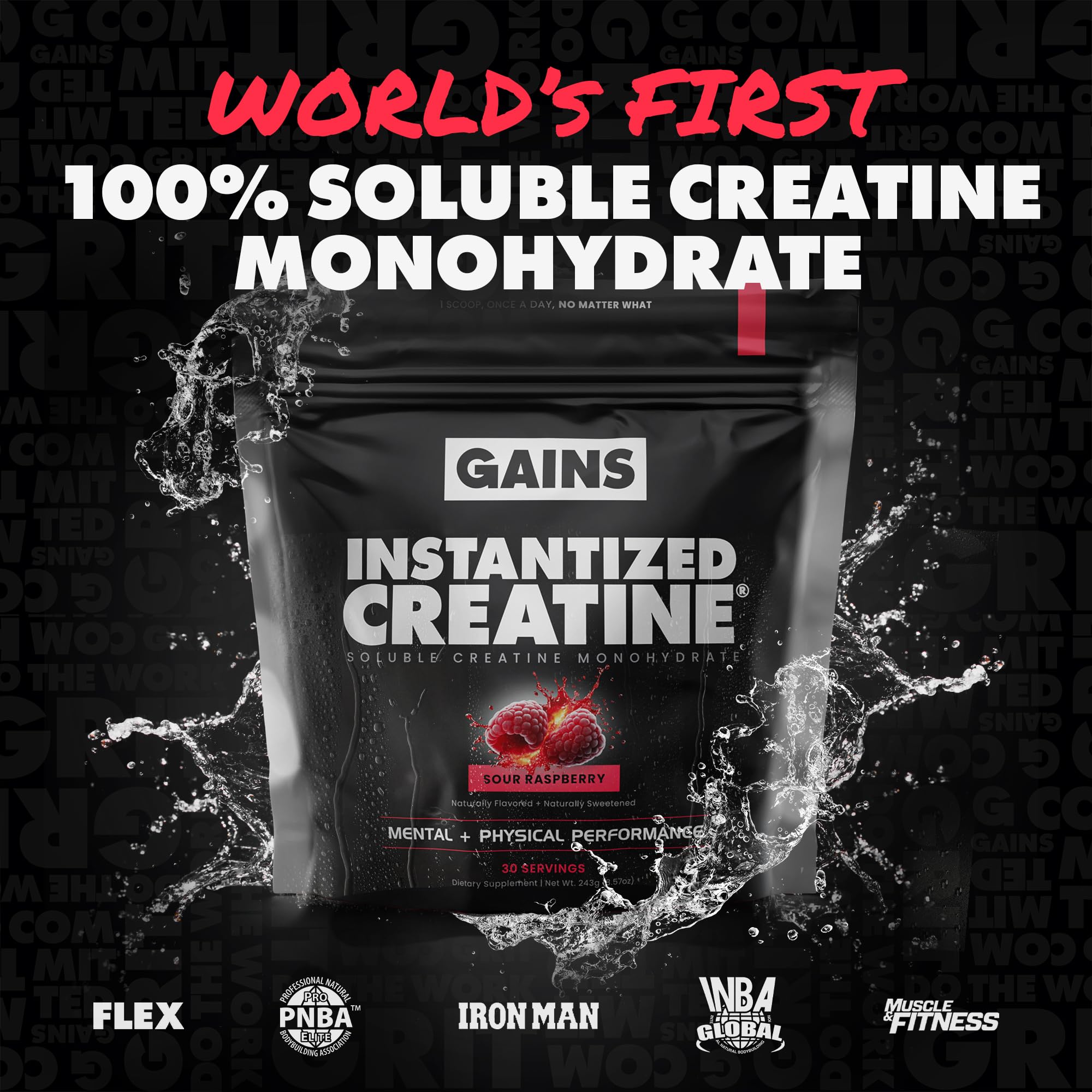 GAINS IN BULK instantized creatine monohydrate scoop; precise 5g serving for consistent dosing.