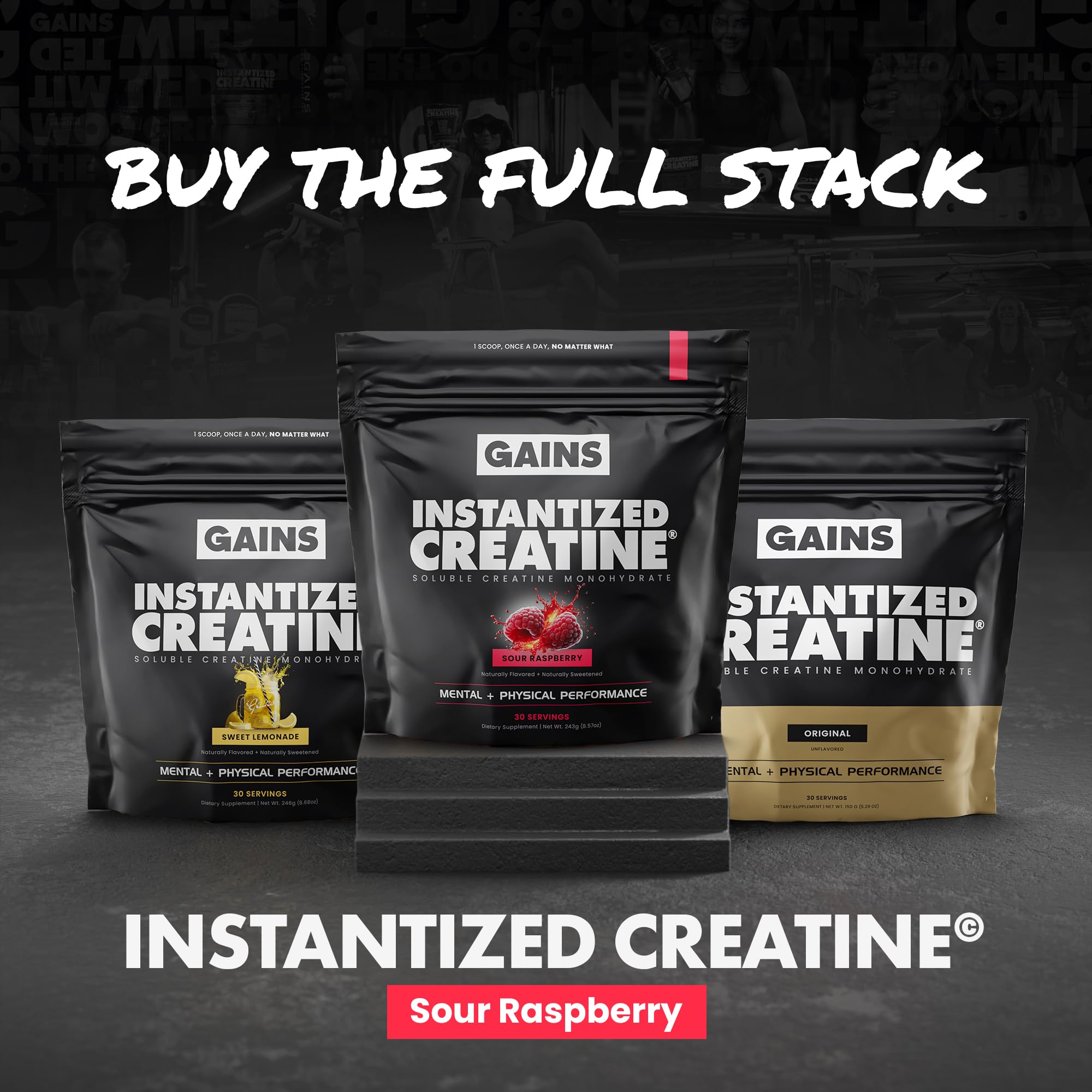 GAINS IN BULK sour raspberry flavor label; tasty option to stay hydrated and fueled.
