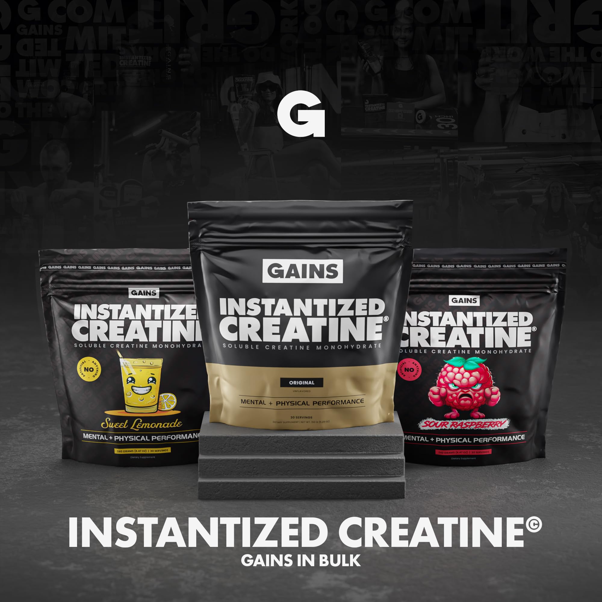 GAINS IN BULK creatine monohydrate container with 30 servings label
