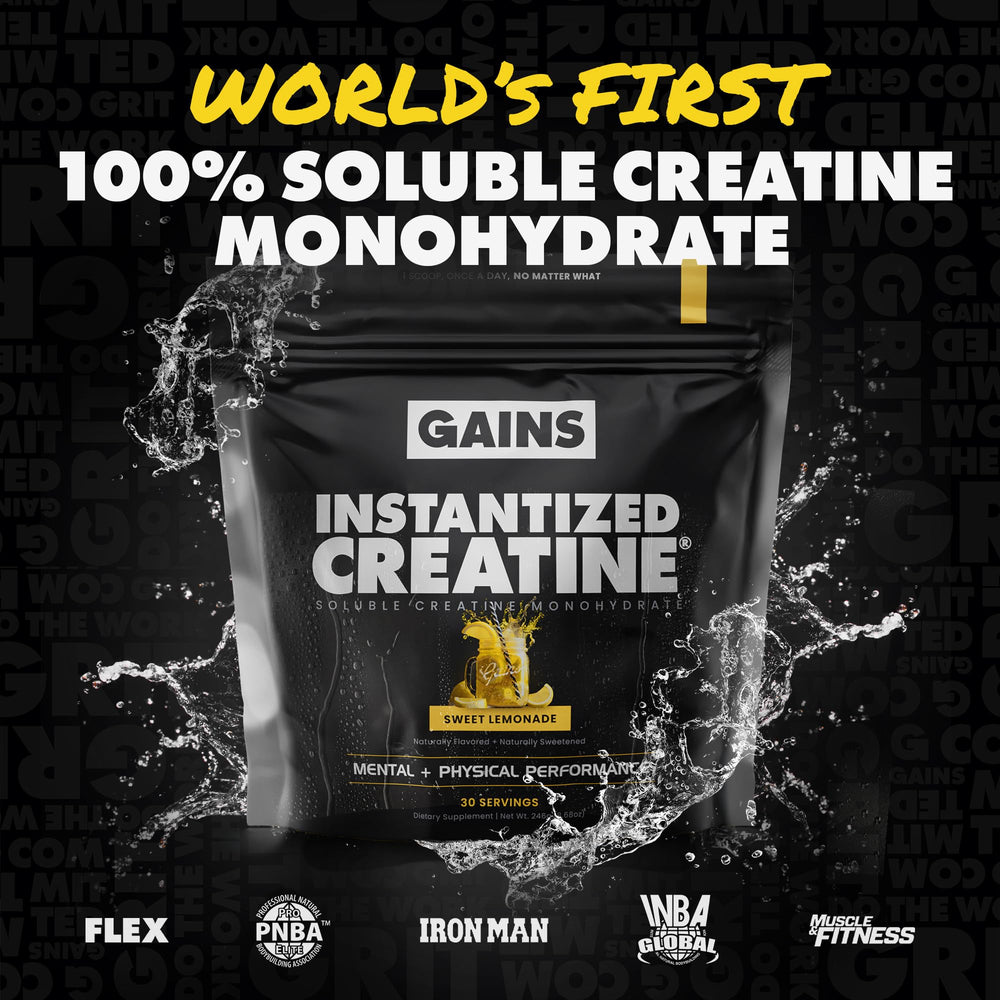GAINS IN BULK creatine monohydrate bottle label highlights purity and third-party testing