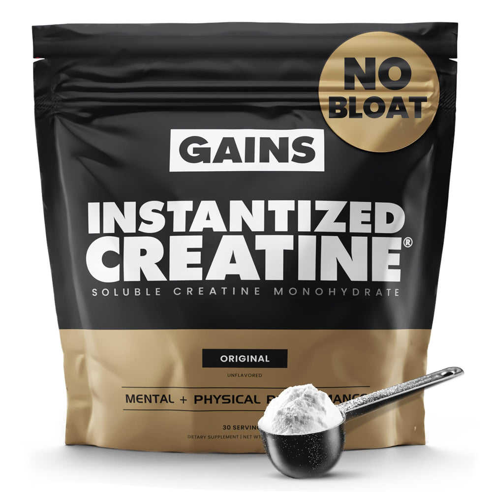 GAINS IN BULK instantized creatine monohydrate bottle for clean mixing and steady strength support