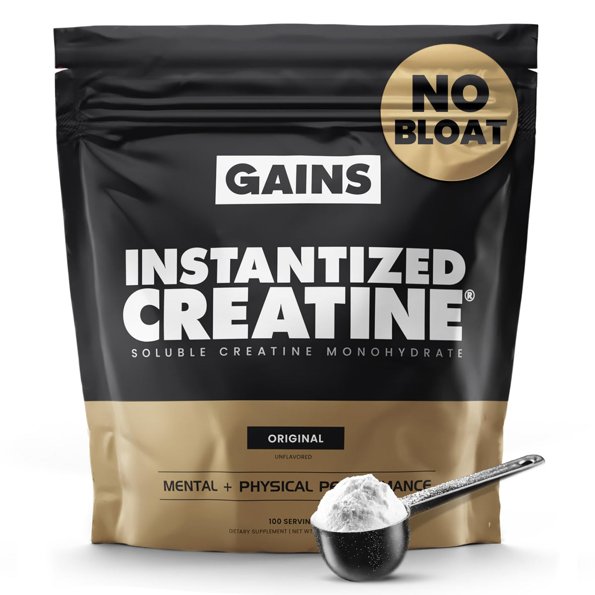 GAINS IN BULK Instantized Creatine powder in a jar dissolves cleanly for quick shakes.