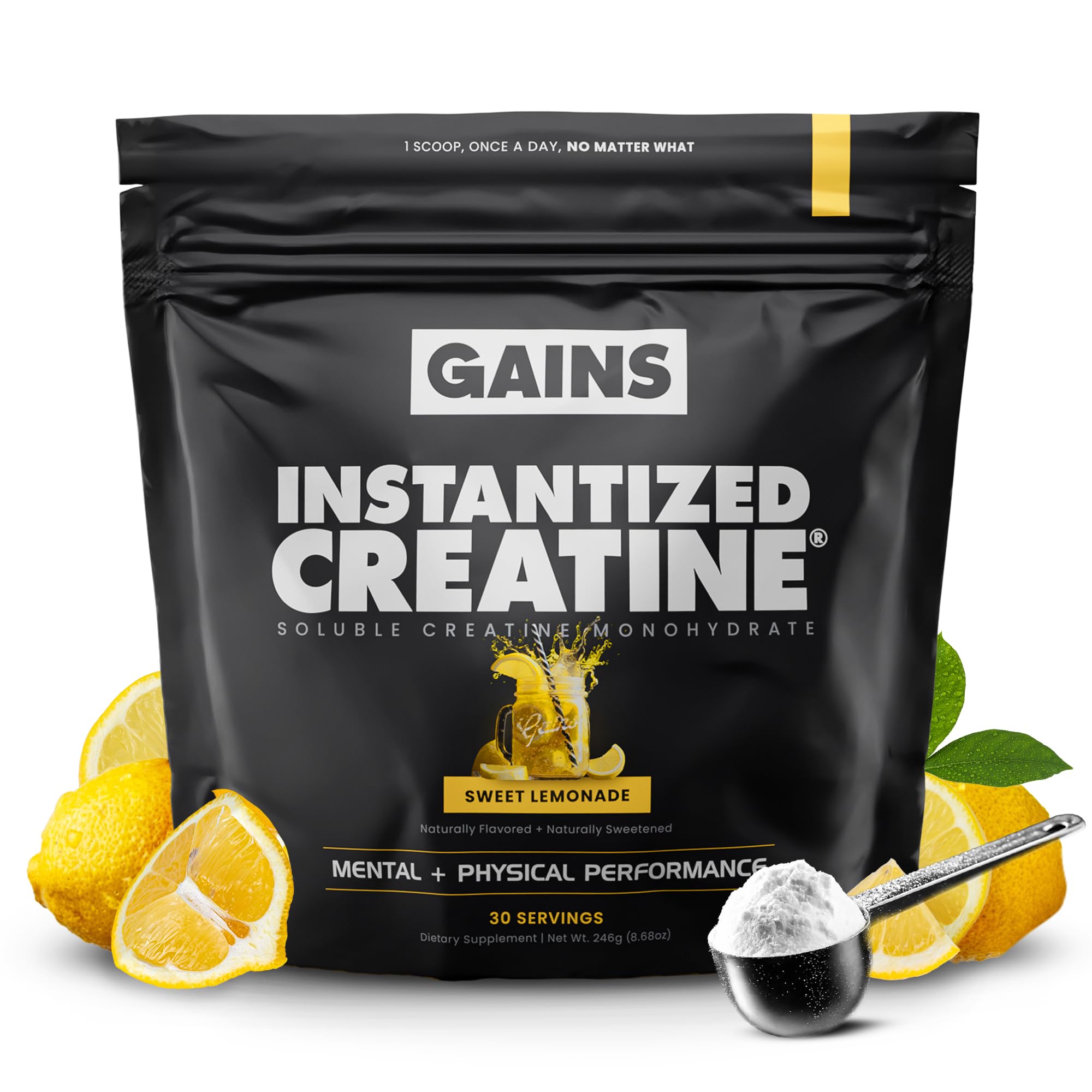 GAINS IN BULK instantized creatine powder scoop demonstrates fast dissolution for smoother pre-workouts