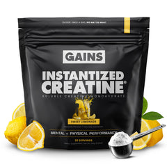 GAINS IN BULK instantized creatine powder scoop demonstrates fast dissolution for smoother pre-workouts