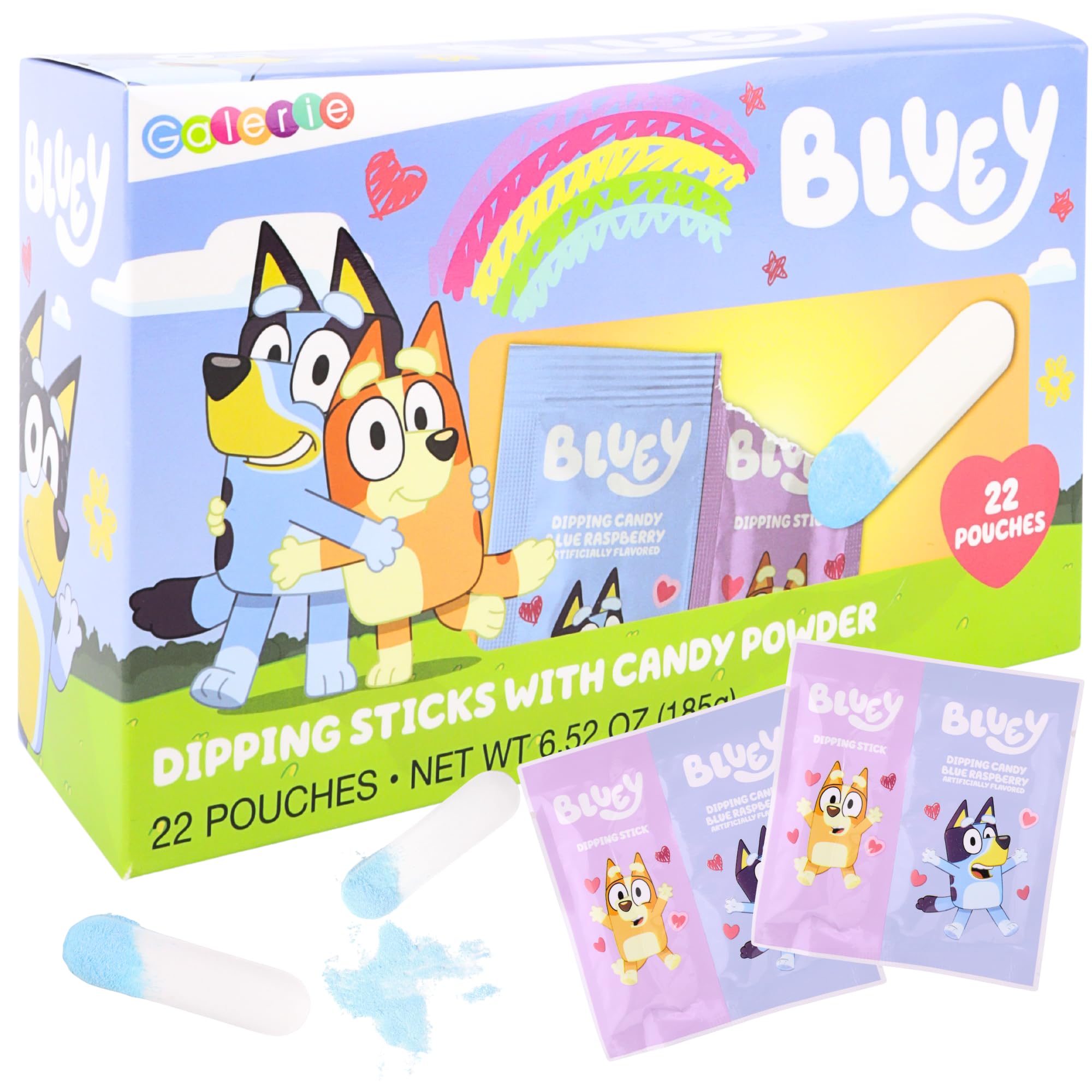Galerie Bluey Dipping Sticks blue-raspberry-powder packets ideal for classroom exchanges.