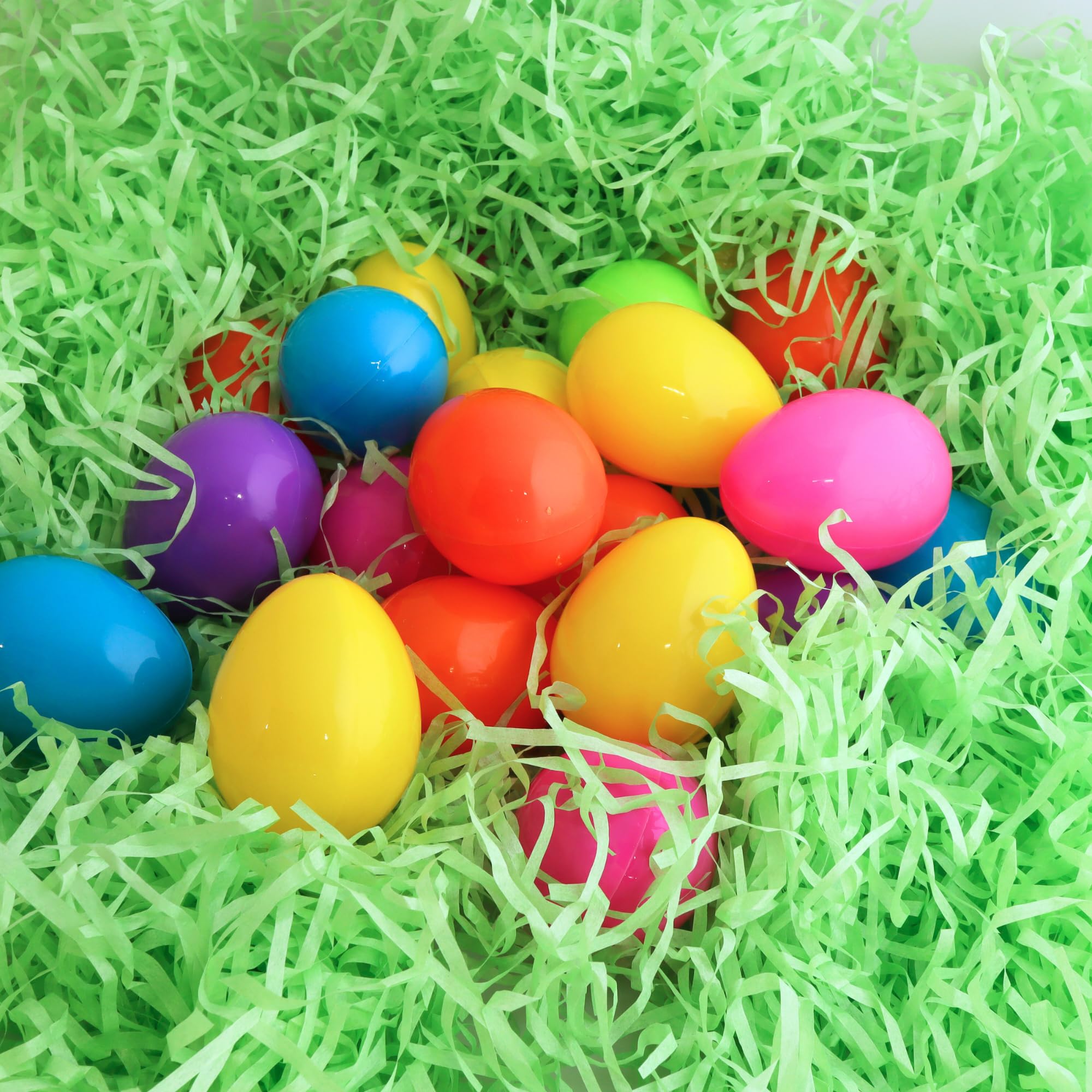 Durable plastic eggs ready for reuse in future celebrations.