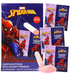Galerie Spider-Man dipping sticks with strawberry powder for kids' party fun.