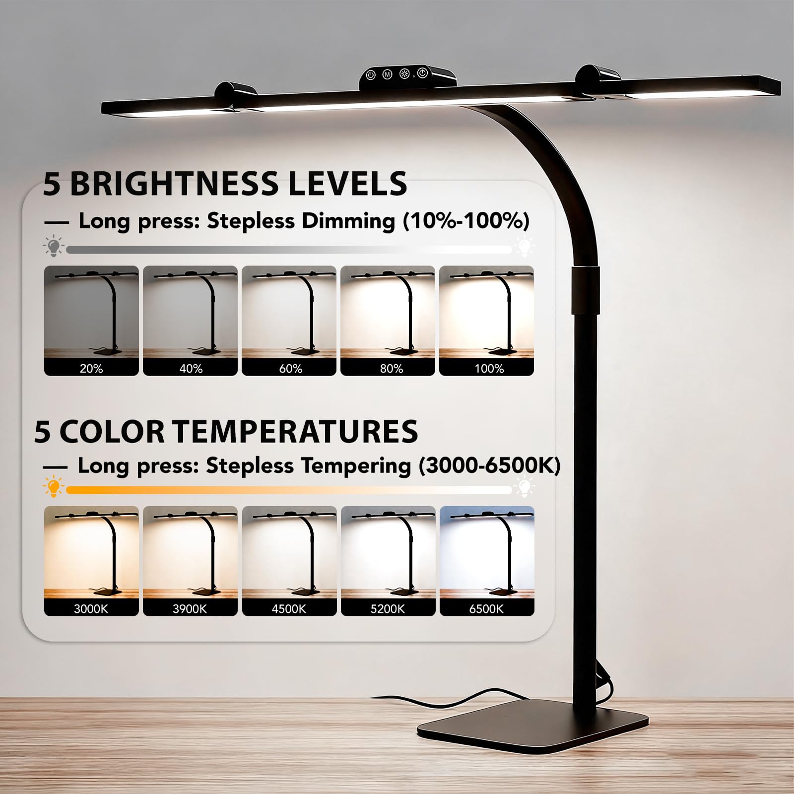 Galnolt LED Desk Lamp dimmable color temperature helps adapt to tasks and times of day.