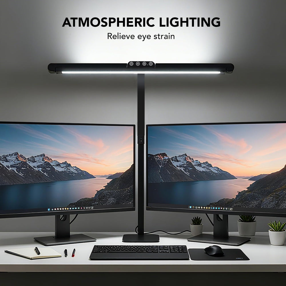 Galnolt LED Desk Lamp three light bars provide broad coverage for multi-monitor work.