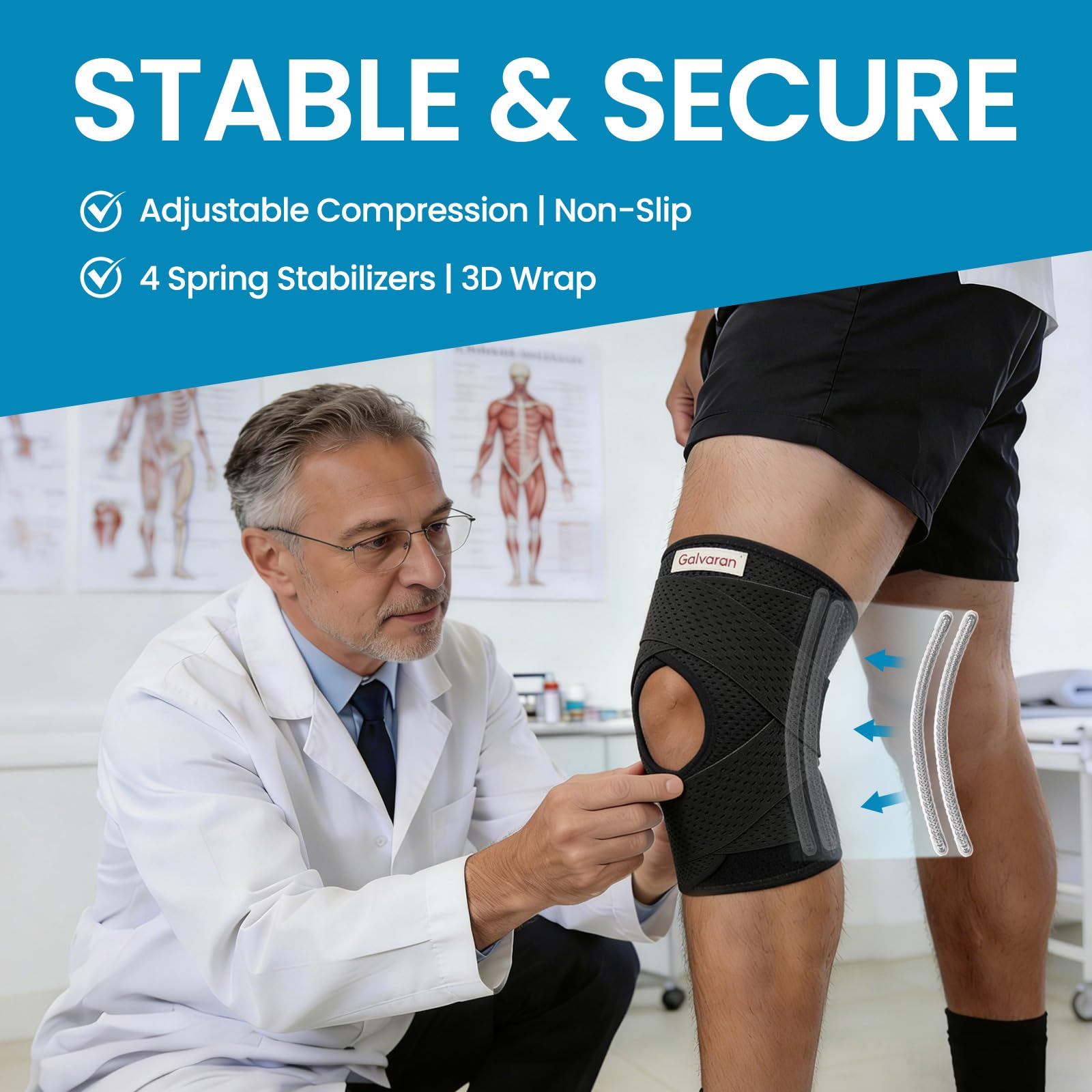 Galvaran knee brace memory spring stabilizers reduce pressure during activity