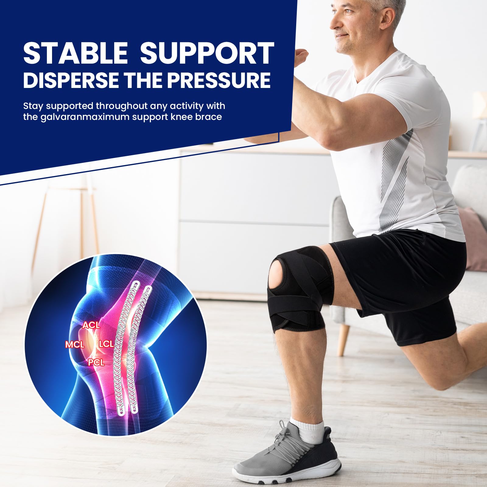 Galvaran knee brace provides support for ligaments and soft tissues.