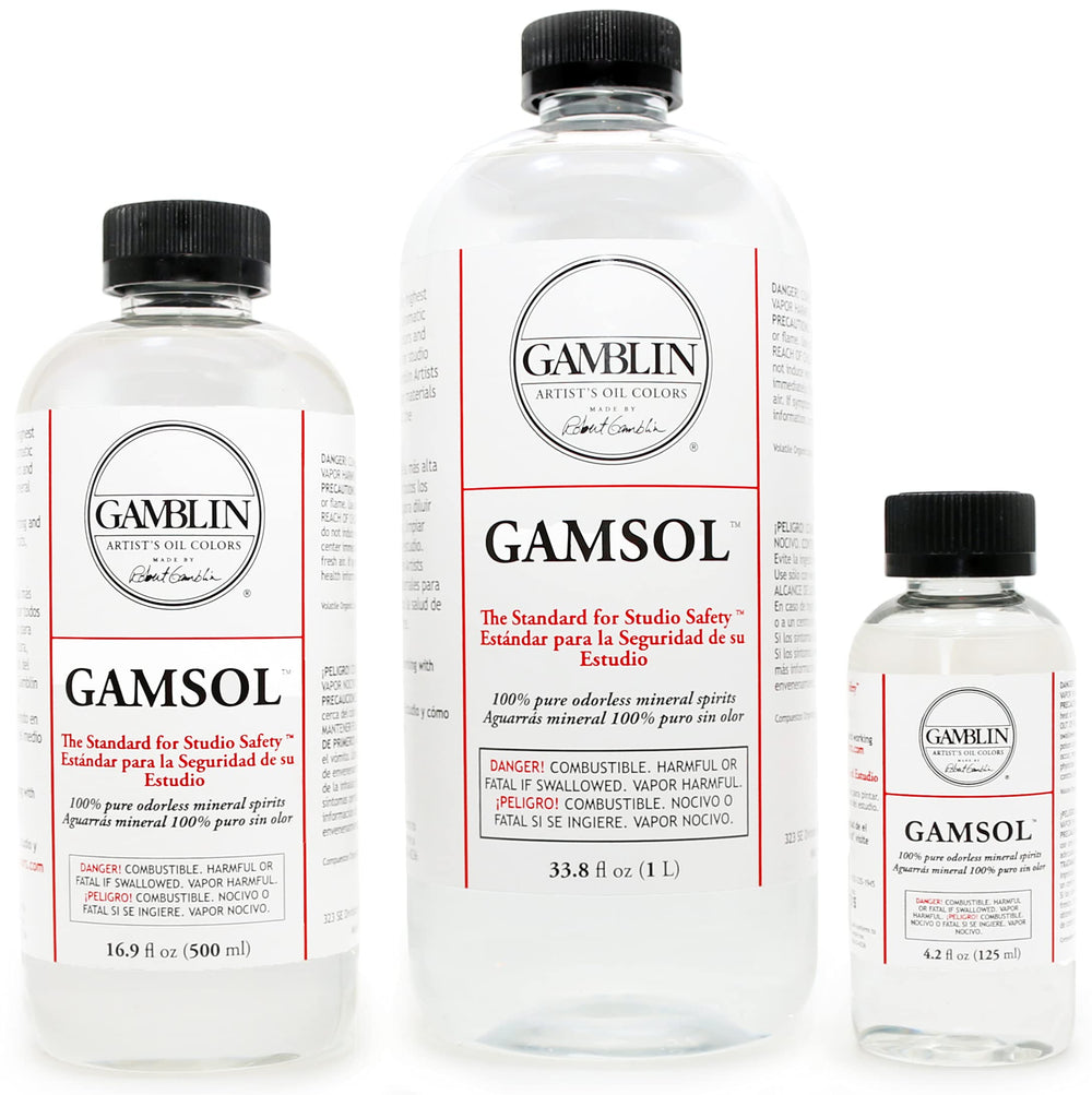 Gamblin Gamsol bottle pour demonstrating safe thinning for oil painting.
