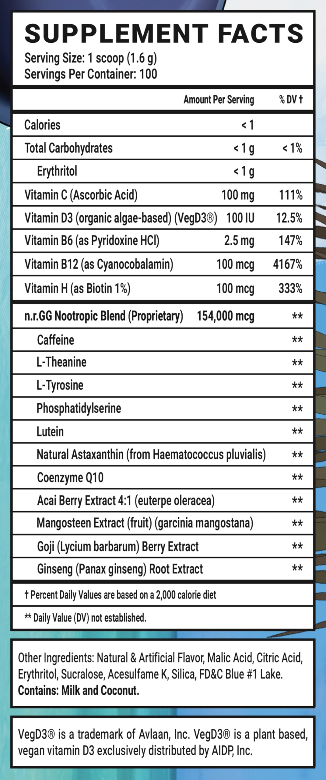 Gamer Supps GG Energy Blo'hole Blast nutrition panel highlights organic caffeine and vitamins