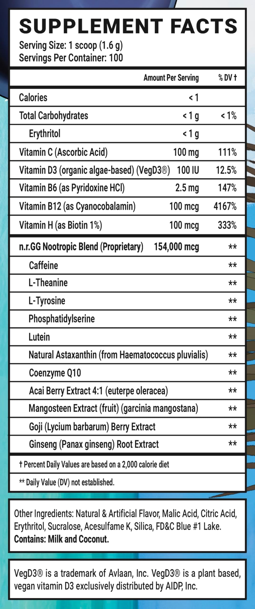 Gamer Supps GG Energy Blo'hole Blast nutrition panel highlights organic caffeine and vitamins