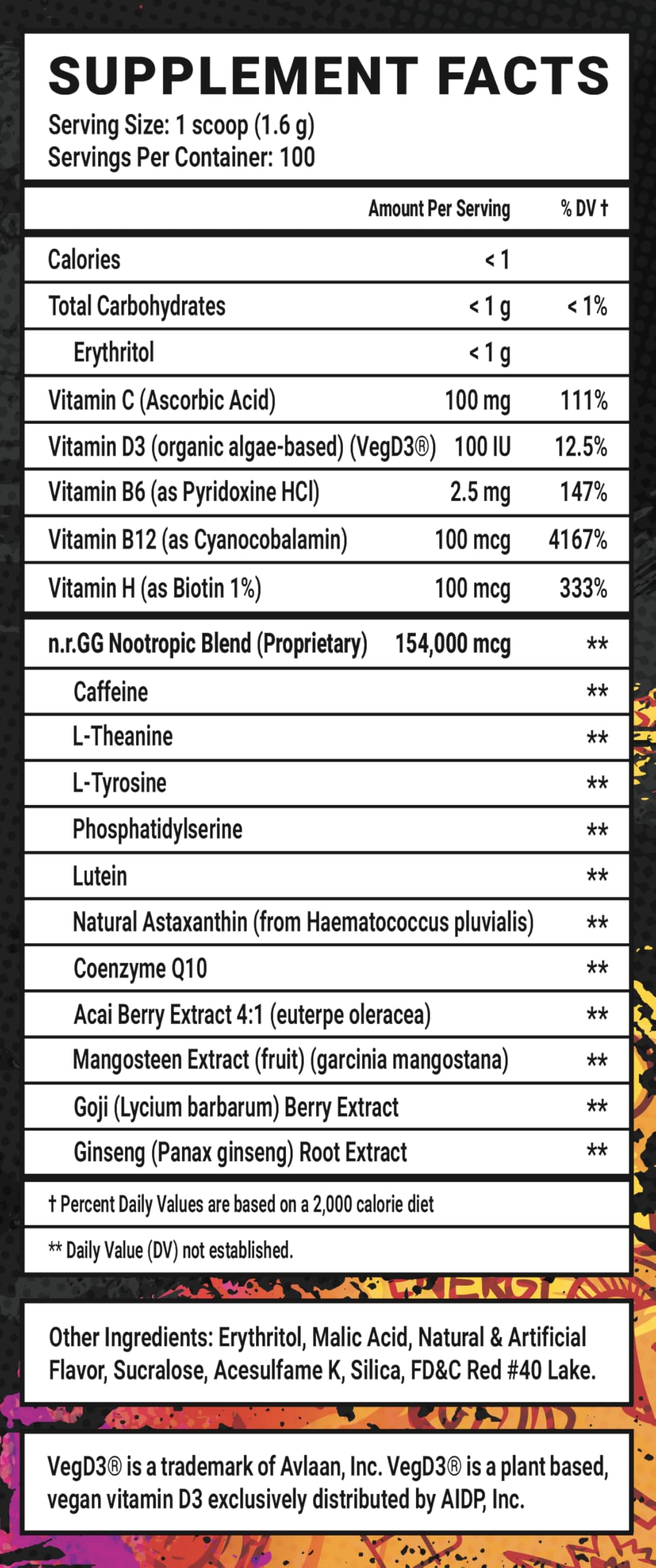 Gamer Supps GG Energy Dragonfruit Punch label closeup highlighting no sugar claim
