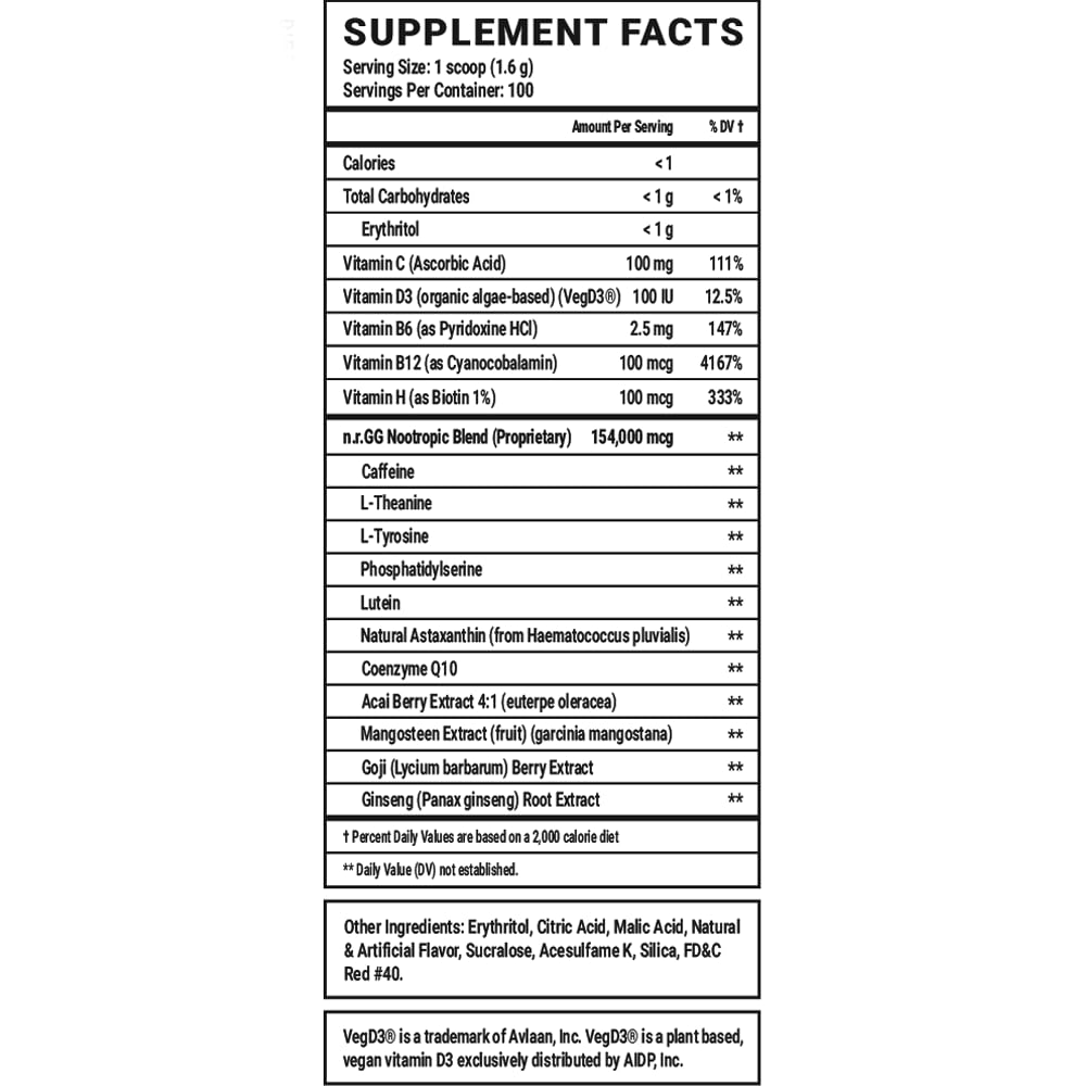 Vitamin-rich GG Energy formula with organic caffeine supports steady focus.