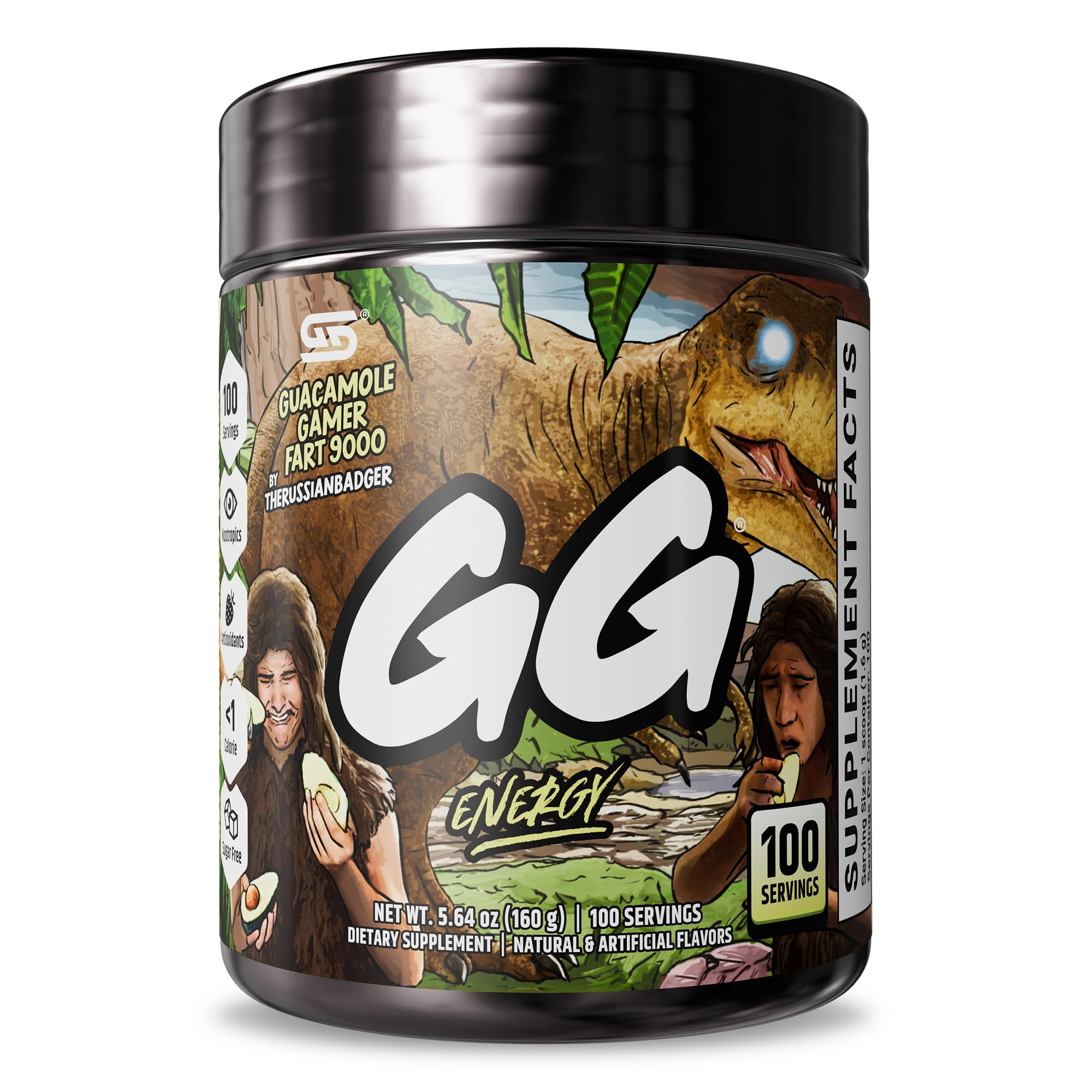 Gamer Supps GG Energy Guacamole Gamer Fart 9000 bottle highlights keto-friendly energy for gaming.