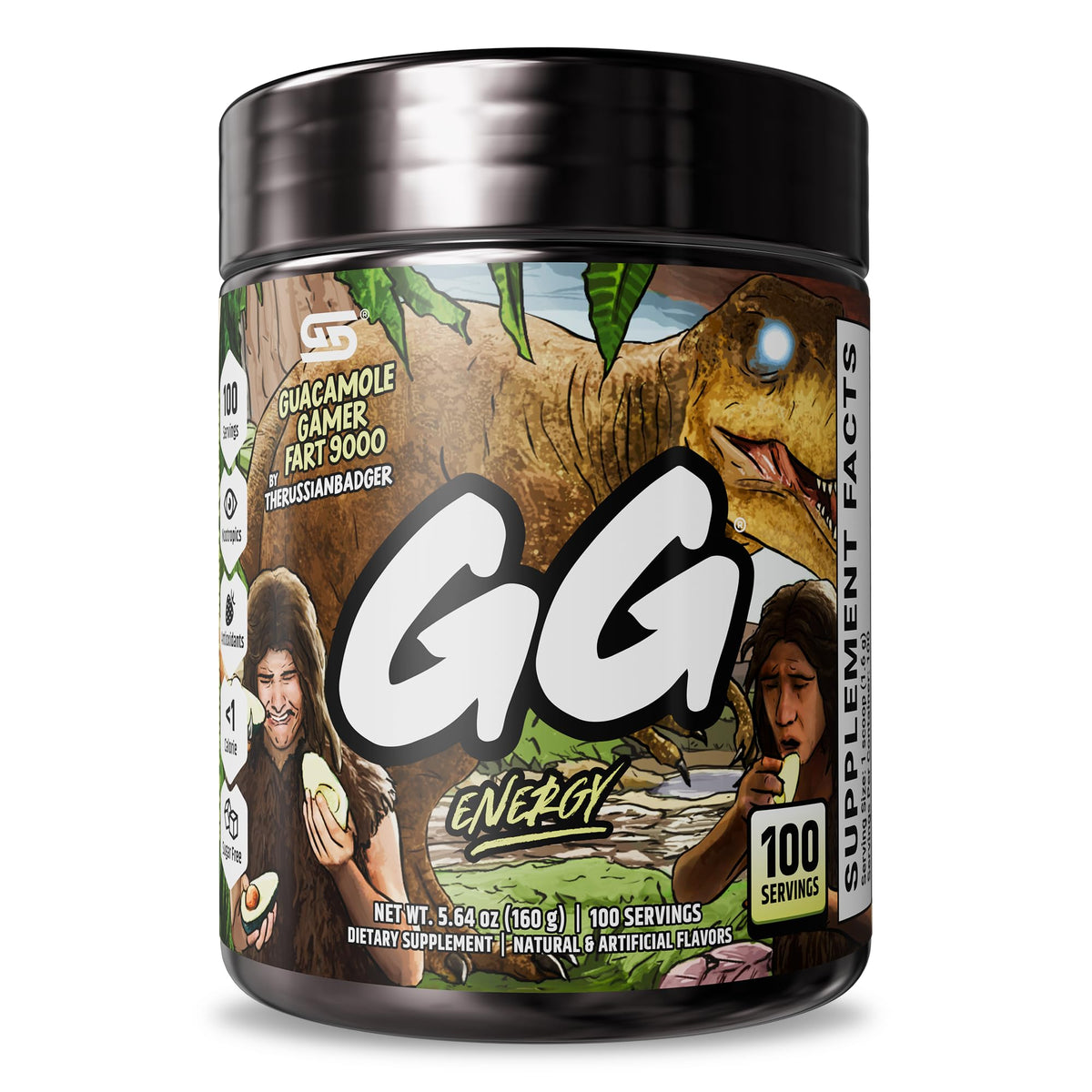 Gamer Supps GG Energy Guacamole Gamer Fart 9000 bottle highlights keto-friendly energy for gaming.