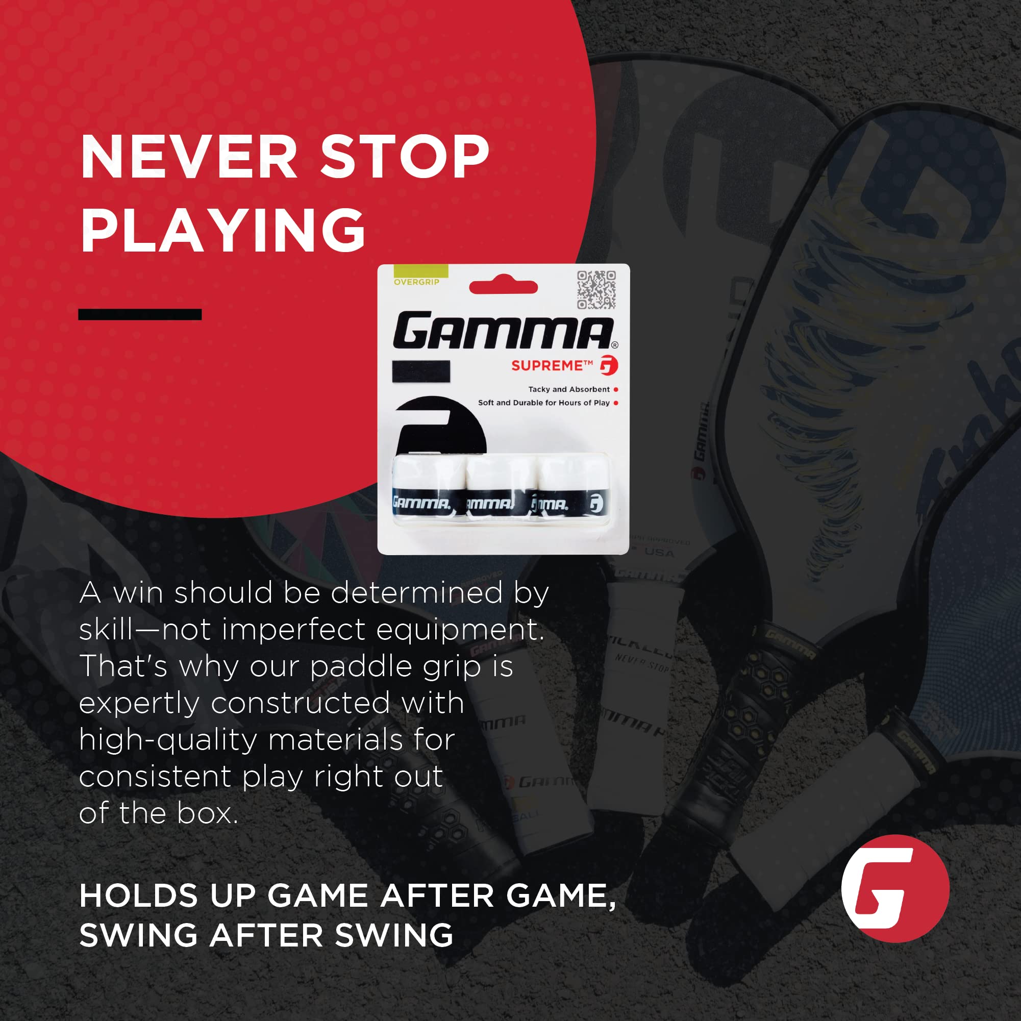 Extra-long racquet fit with GAMMA Supreme Overgrip for versatile use.