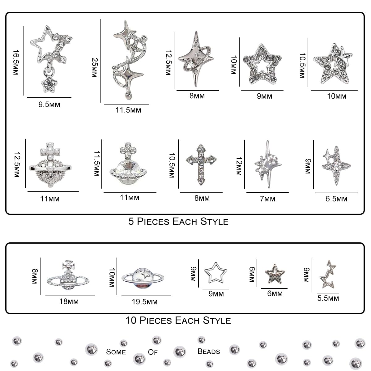 Ganepwns silver star, planet and cross nail art decor for glamorous designs