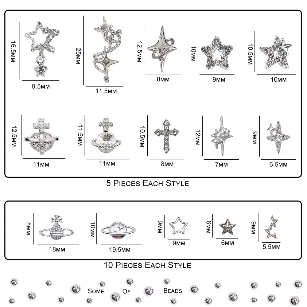 Ganepwns silver star, planet and cross nail art decor for glamorous designs