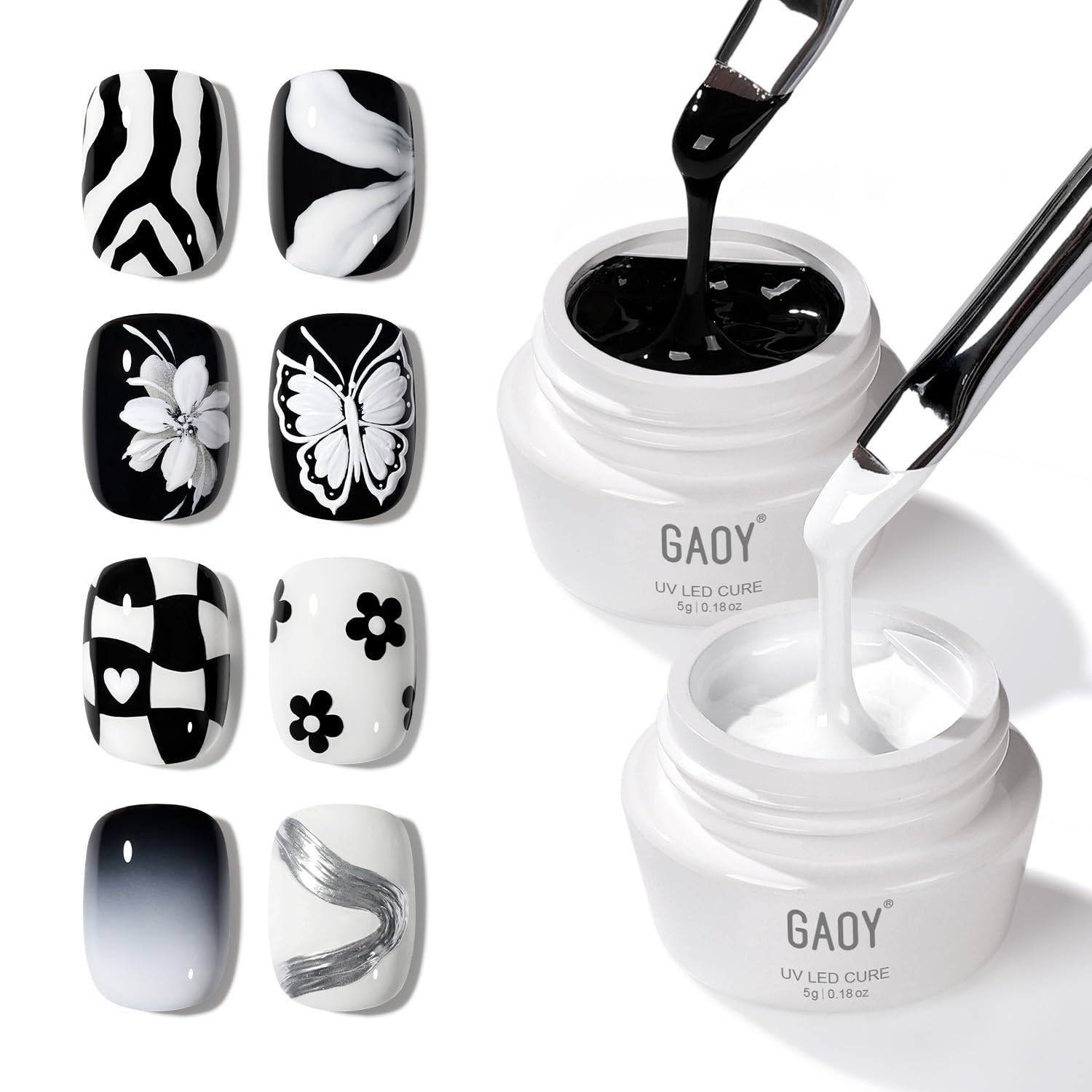 GAOY black and white painting gel for precise lines and intricate nail art.