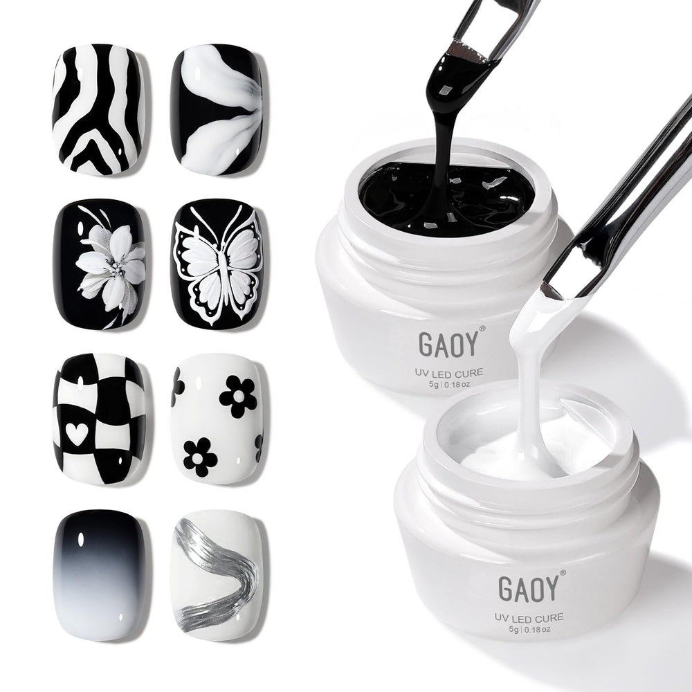 GAOY black and white painting gel for precise lines and intricate nail art.