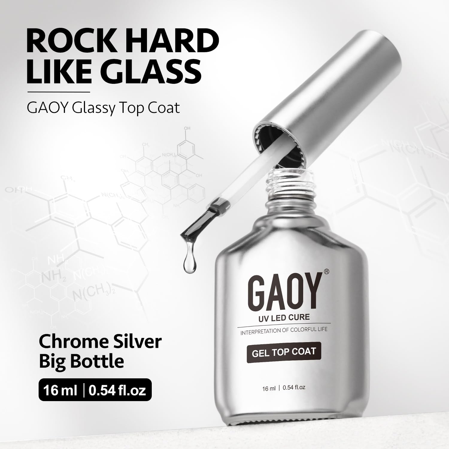 GAOY 16ml bottle with brushed stainless-steel-look cap.
