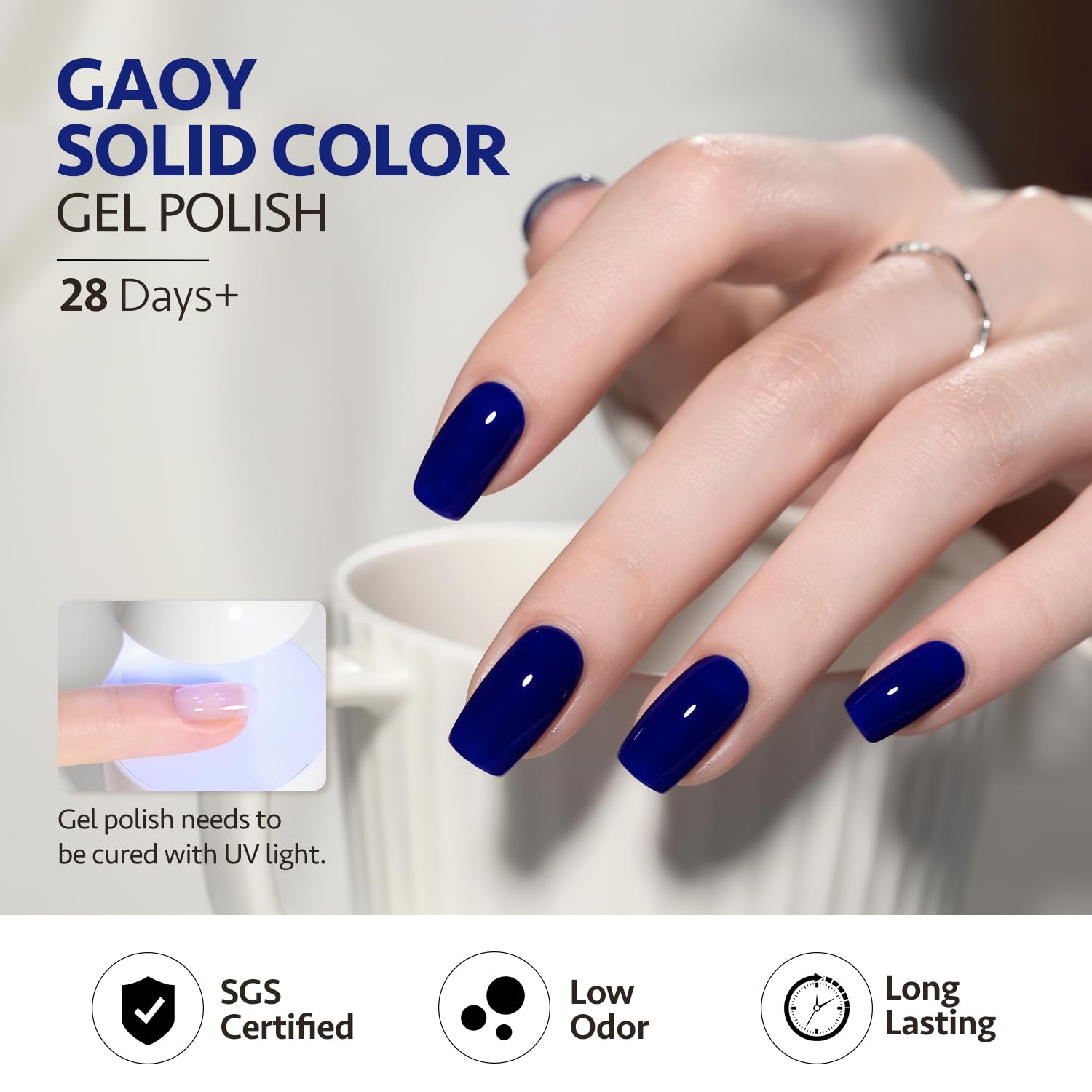 GAOY Deep Blue gel nail polish with glossy top coat finish