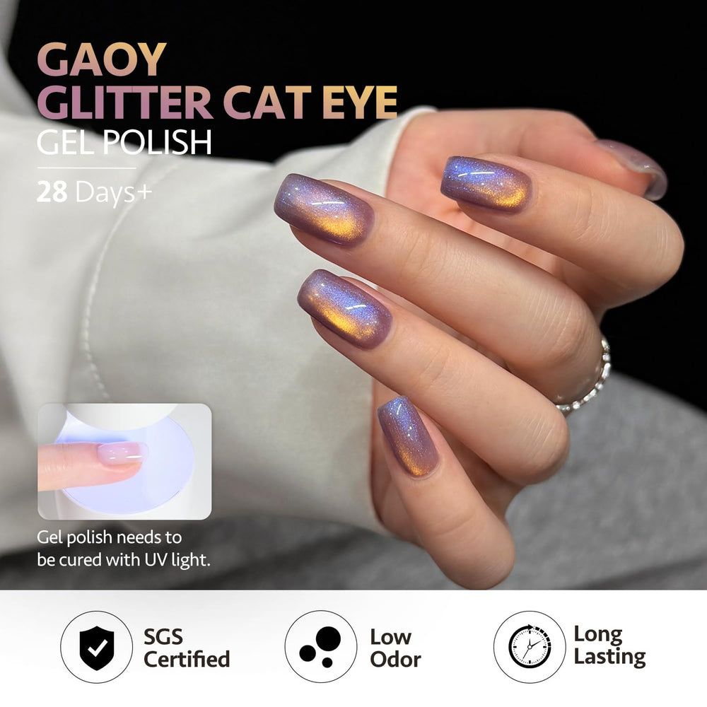 GAOY Glitter Cat Eye packaging includes polish colors and magnet for easy home art.